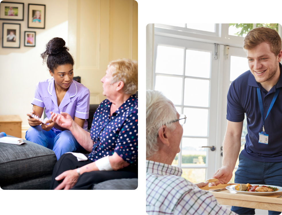 Caregiver assisting an elderly woman in a comfortable living space.