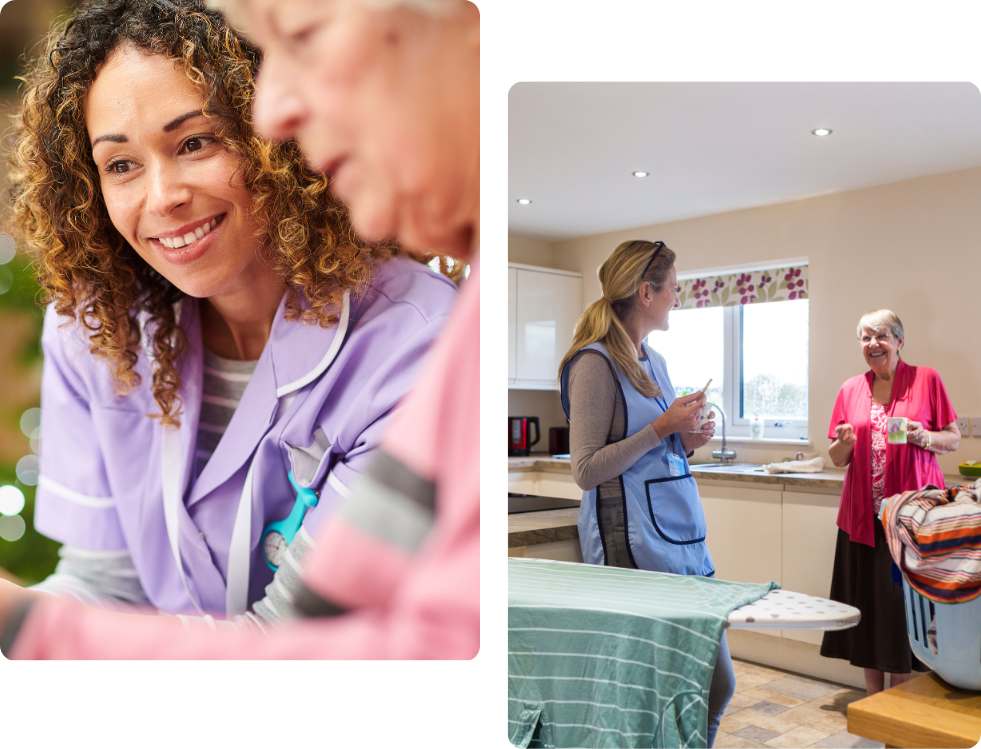 A close-up of a nurse smiling warmly while talking to an elderly woman. In another scene, a caregiver and an elderly woman are in the kitchen, the caregiver holding a mug while the elderly woman smiles and talks.