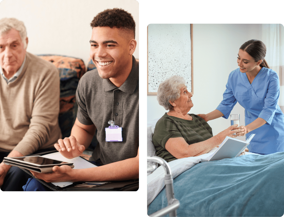 Care professionals at Concept Care Community Services. The first image shows a young male care professional smiling and engaging with an elderly man. The second image depicts a female care professional providing water and support to an elderly woman in bed, highlighting compassionate home care services.