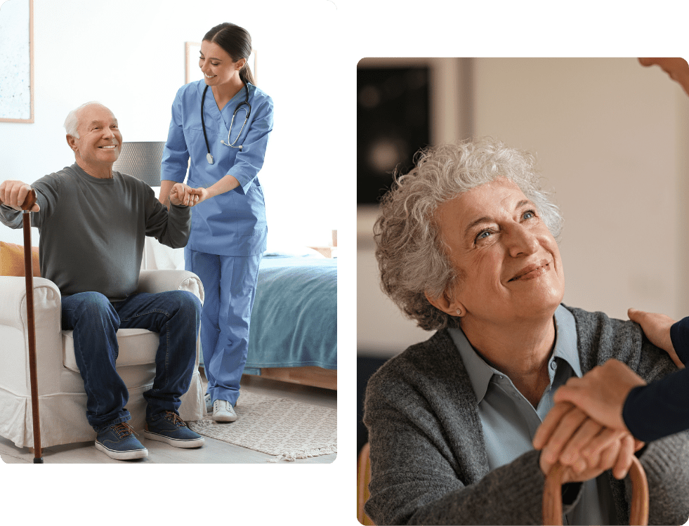 Elderly woman receiving care from a friendly caregiver.