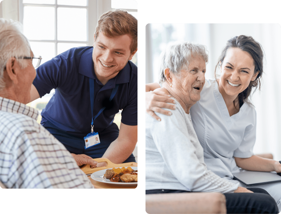 Elderly woman and caregiver sharing a joyful moment, symbolising companionship and attentive care.