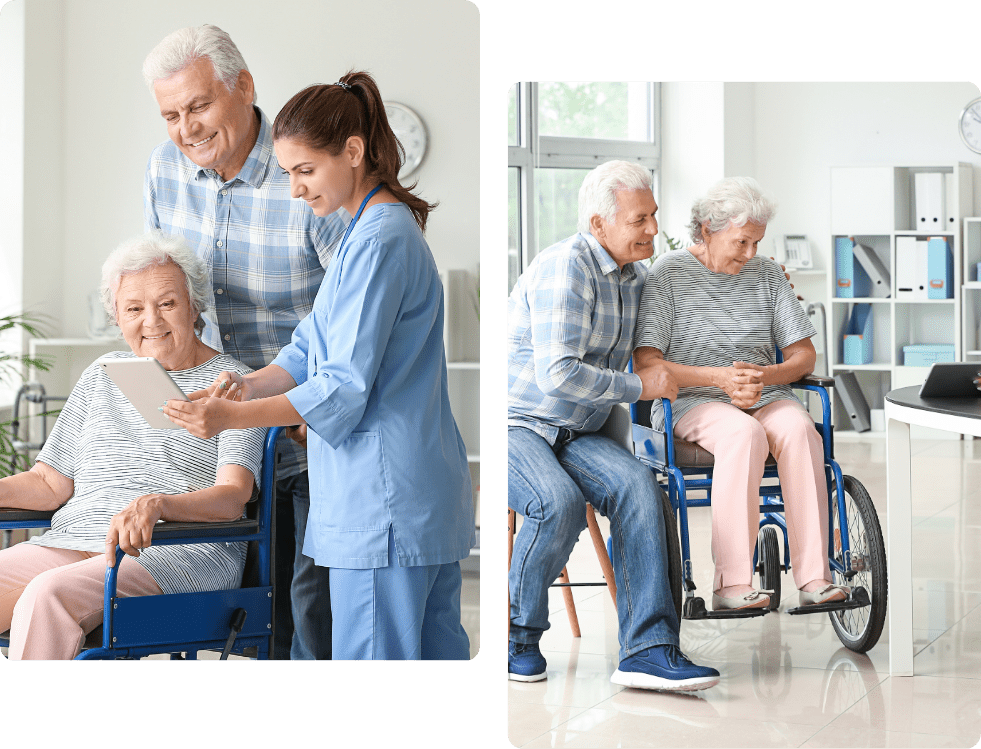 A caregiver engaging with elderly residents in a communal area, showcasing a warm and supportive community environment.