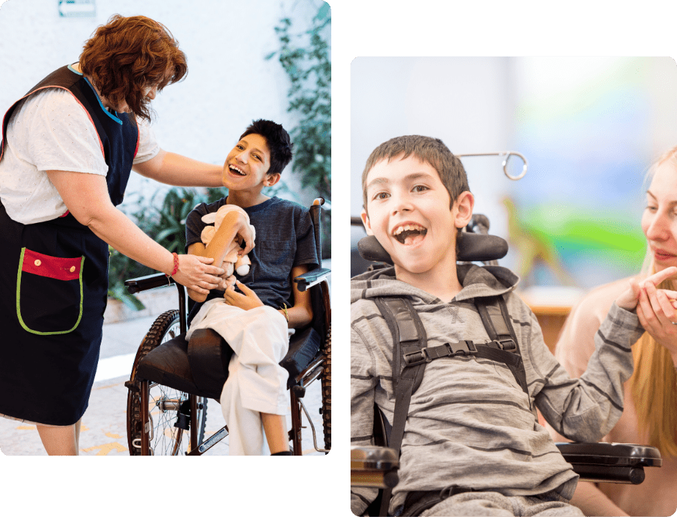 Children with disabilities enjoying interactive activities with caregivers in a supportive learning environment.